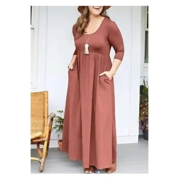 Matilda Jane Joanna Gaines Country Drive Maxi Dress Rust Red 3/4 Sleeve Pockets - Picture 3 of 12